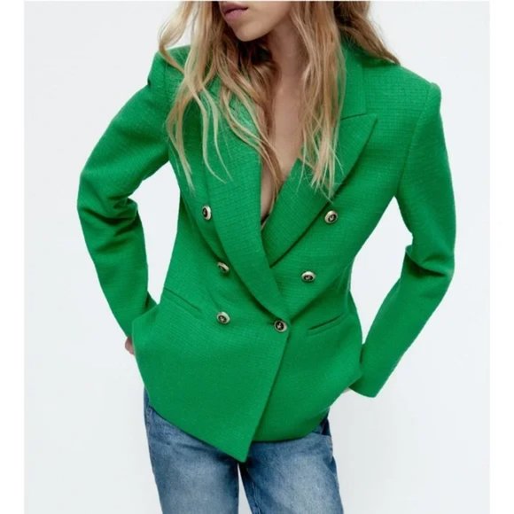 ZARA Balmain Style Textured Blazer Gold Buttons XS Green Blogger’s Favorite - Picture 3 of 7